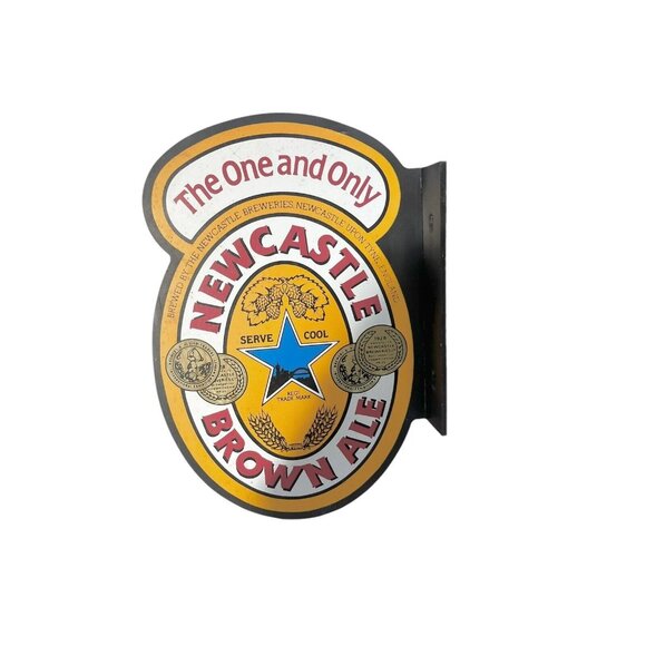 VTG NEWCASTLE BROWN ALE The One and Only Wood Beer Sign Hangs Perpendicularly - Picture 1 of 8